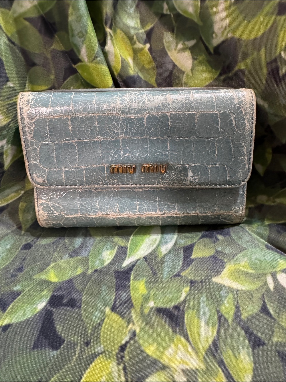 Miu Miu Pale Blue Croc-Embossed Leather Wallet Card Holder